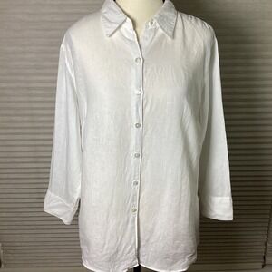 L.L. Bean Women's Large White 100% Linen Button Up Tunic Shirt 3/4 Sleeve Blouse